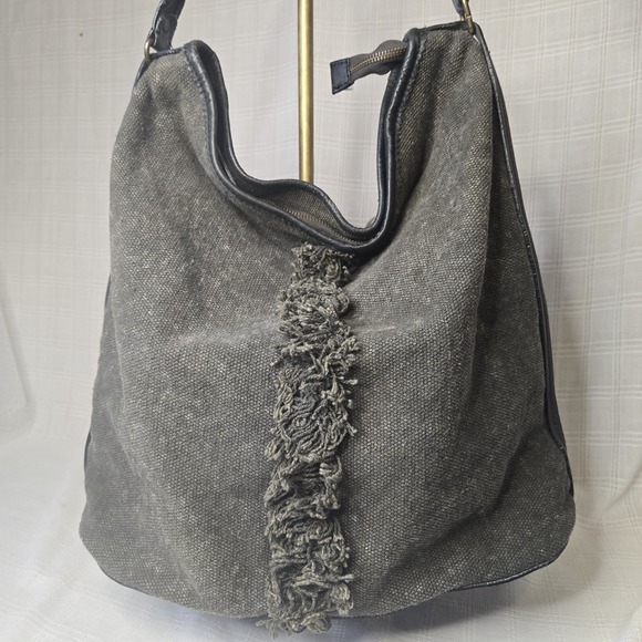 Free People Wilhelmina Bucket Bag Charcoal Canvas Leather Trim And Fringe Detail - Picture 2 of 9